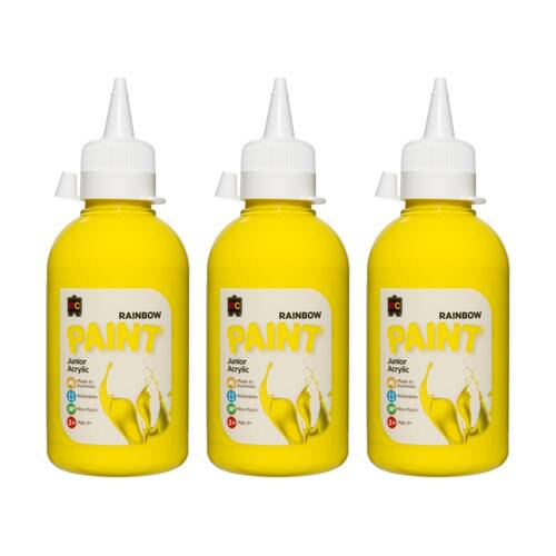 3PK Educational Colours Rainbow Junior Acrylic Paint Brilliant Yellow 250ml 3y+