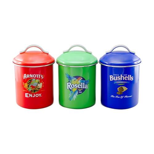 3pc Rojo Imports Arnott's Bushells Rosella Metal Canisters Set Red/Blue/Green