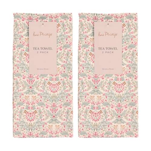 2x 2pc Bas Phillips Printed Linen Looks Tea Towel Set Cotton Winter Delicates