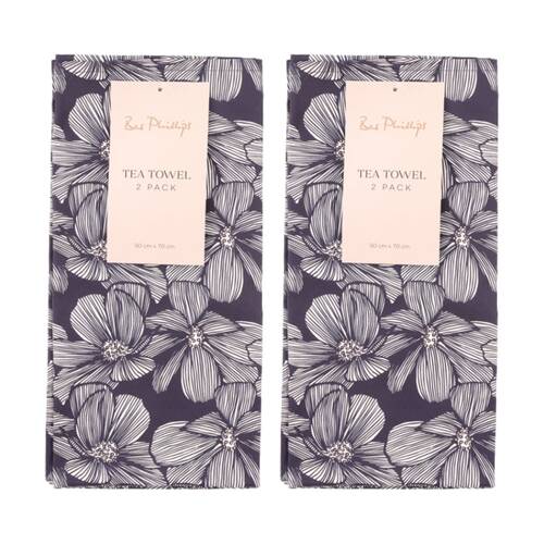 2x 2pc Bas Phillips Printed Linen Looks Tea Towel Set Cotton Blue Flowers