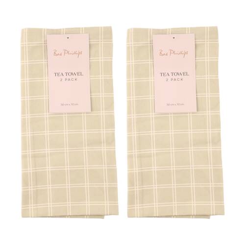 2x 2pc Bas Phillips Printed Linen Looks Tea Towel Set Cotton Green Check
