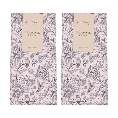2x 2pc Bas Phillips Printed Linen Looks Tea Towel Set Cotton Blue Birds