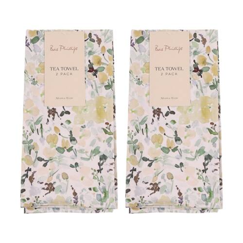 2x 2pc Bas Phillips Printed Linen Looks Tea Towel Set Cotton Green Wonderland
