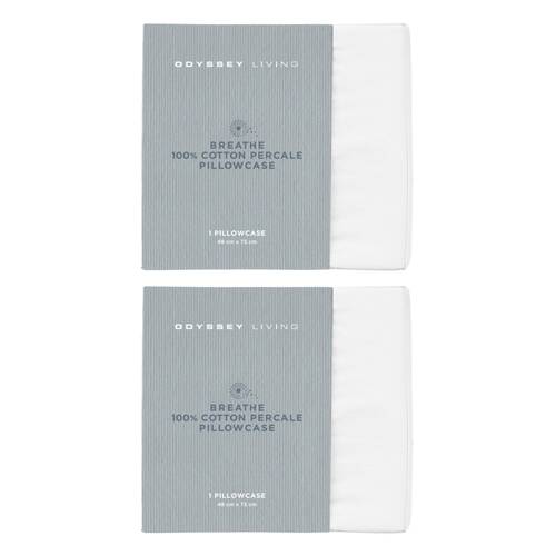 2x Odyssey Living Breathe Cotton Standard Pillowcase 48cm x 73cm Snow