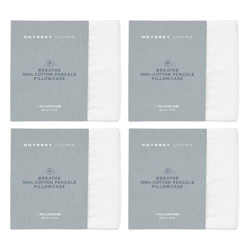 4x Odyssey Living Breathe Cotton Standard Pillowcase 48cm x 73cm Snow