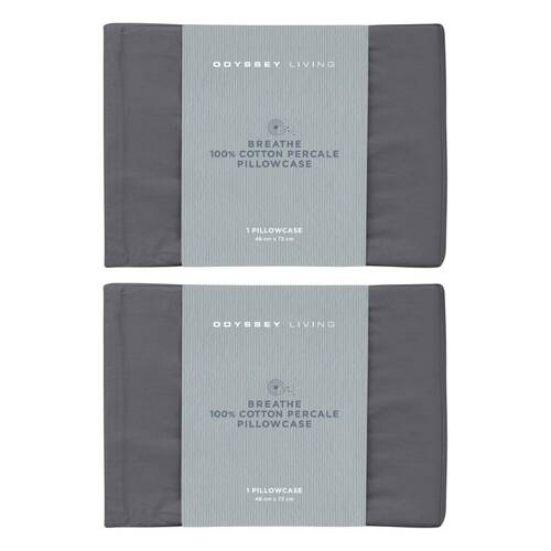 2x Odyssey Living Breathe Cotton Standard Pillowcase 48cm x 73cm Charcoal