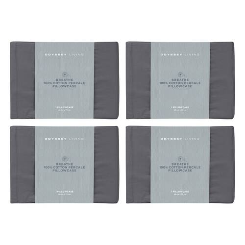 4x Odyssey Living Breathe Cotton Standard Pillowcase 48cm x 73cm Charcoal