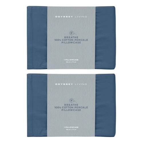 2x Odyssey Living Breathe Cotton Standard Pillowcase 48cm x 73cm Marine Blue