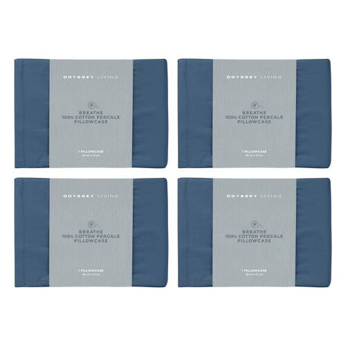 4x Odyssey Living Breathe Cotton Standard Pillowcase 48cm x 73cm Marine Blue