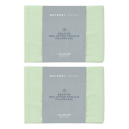 2x Odyssey Living Breathe Cotton Standard Pillowcase 48cm x 73cm Sage