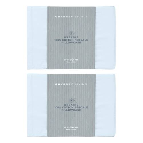2x Odyssey Living Breathe Cotton Standard Pillowcase 48cm x 73cm Sky Blue