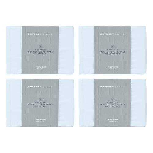 4x Odyssey Living Breathe Cotton Standard Pillowcase 48cm x 73cm Sky Blue