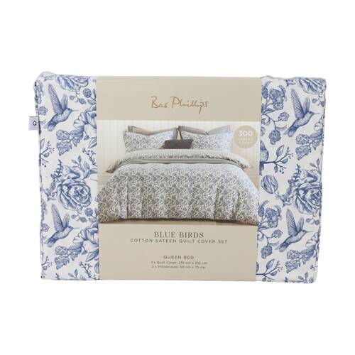 3pc Bas Phillips Quilt Cover & Pillowcases Bedding Set Blue Birds