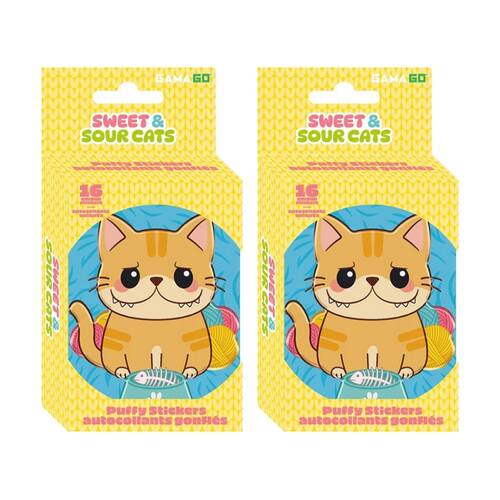 2x 16pc Gamago Sweet and Sour Cat Craft Puffy Stickers In Tin Set Yellow/Blue