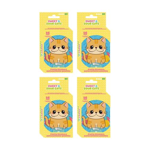 4x 16pc Gamago Sweet and Sour Cat Craft Puffy Stickers In Tin Set Yellow/Blue