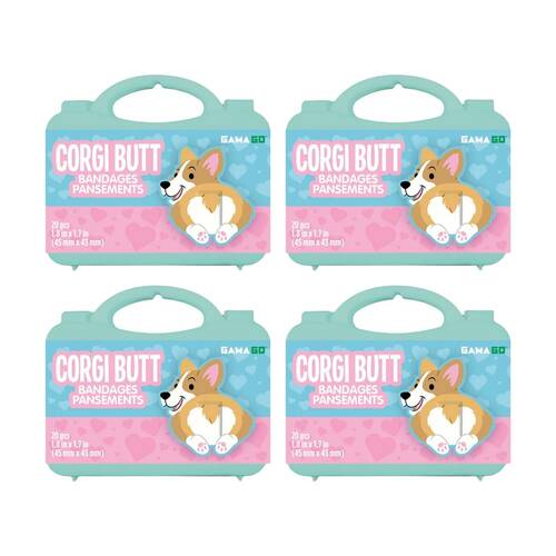 4x 20pc Gamago Corgi Butt First Aid Adhesive Bandages Kids In Case Blue/Pink
