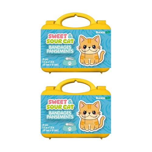 2x 20pc Gamago Sweet & Sour Cat First Aid Adhesive Bandages In Case Yellow/Blue