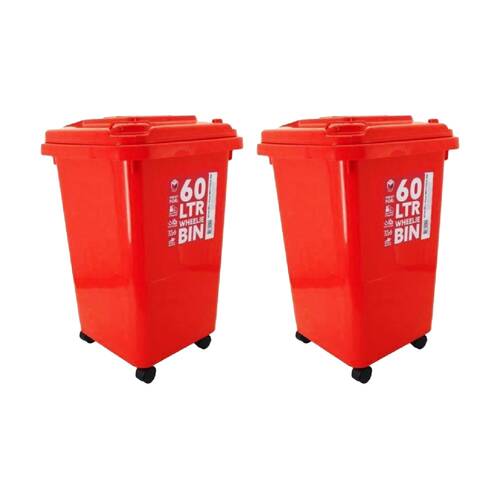 2PK Braz 60L Rubbish & Waste Outdoor Wheely Bin W/ Lid Wheels 54x42x41cm Assrtd