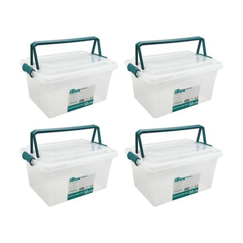 4PK iBox Large Plastic Storage Box W/ Lid & Handle 33x23x17cm 10L Assorted