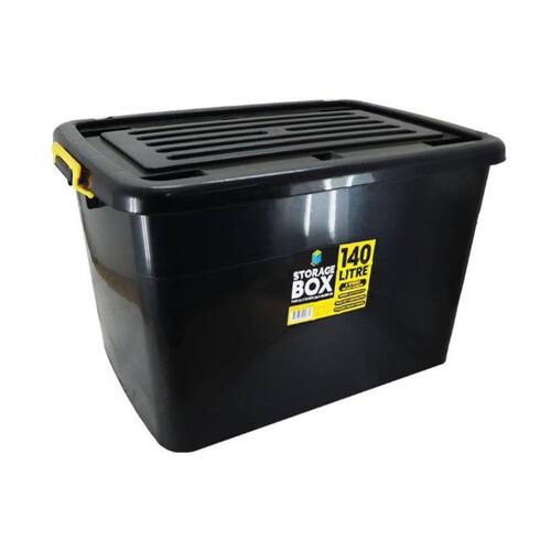 Braz 140L Plastic Storage Container Box W/ Lid & Handles 74x53.5x46.5cm Black