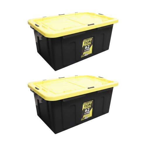 2PK Tuff Box Heavy Duty Industrial Storage Container W/ Latches & Lid 62L