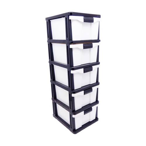 Braz Plastic Stackable 5 Drawer Comp Storage Organiser Black/White