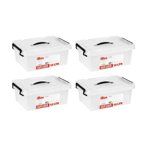 4PK iBox Plastic Storage Container Box W/ Clip Lock Lid & Handle 12L Assrtd