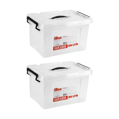 2PK iBox Plastic Storage Container Box W/ Clip Lock Lid Handle 20L Clear Assrtd