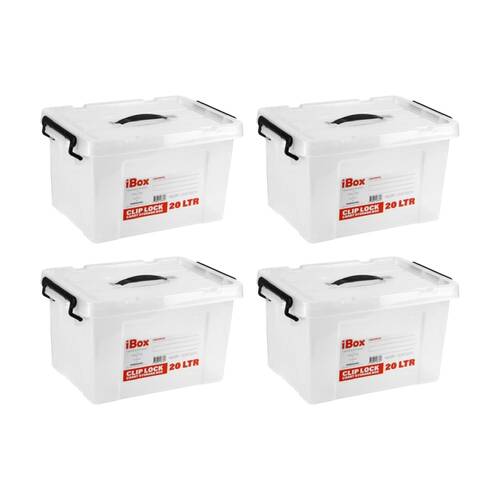 4PK iBox Plastic Storage Container Box W/ Clip Lock Lid & Handle 20L Assrtd