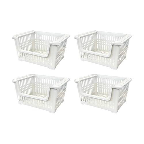 4PK Braz Plastic A4 Stacker Storage Basket W/ Ventilated Handles 38x28x20 Assrtd
