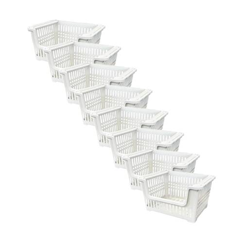 8PK Braz Plastic A4 Stacker Storage Basket W/ Ventilated Handles 38x28x20 Assrtd