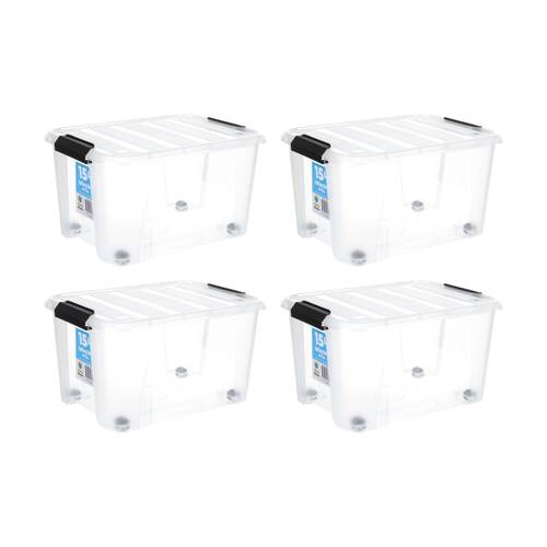 4PK Store More Plastic Storage Rolling Container Box W/ Lid Lock Clips 15L Clear
