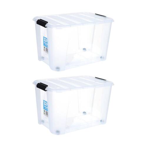 2PK Store More Plastic Storage Rolling Box W/ Lid Lock Clips 32L Clear