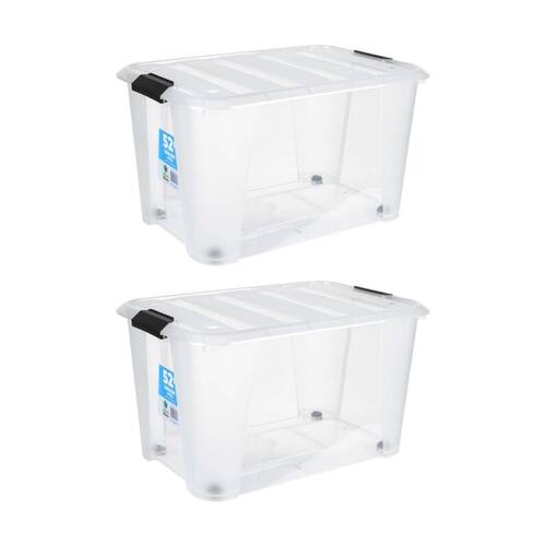 2PK Store More Plastic Storage Rolling Container Box W/ Lid Lock Clips 52L Clear