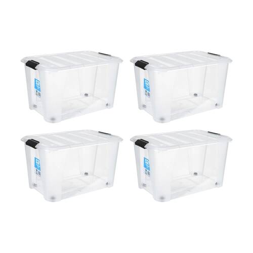 4PK Store More Plastic Storage Rolling Container Box W/ Lid Lock Clips 52L Clear