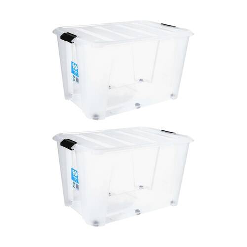 2PK Store More Plastic Storage Rolling Container Box W/ Lid Lock Clips 90L Clear