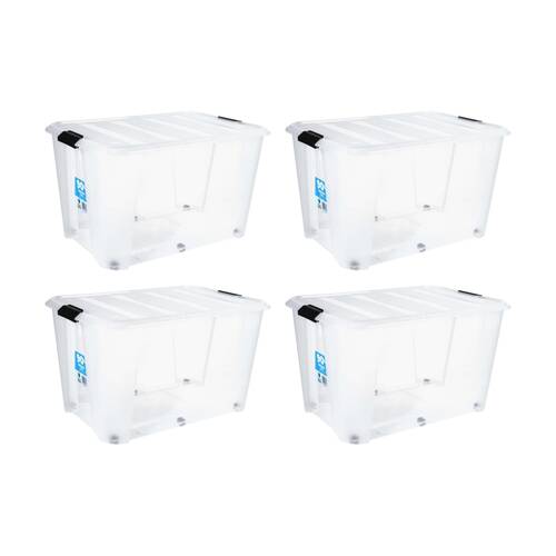 4PK Store More Plastic Storage Rolling Container Box W/ Lid Lock Clips 90L Clear
