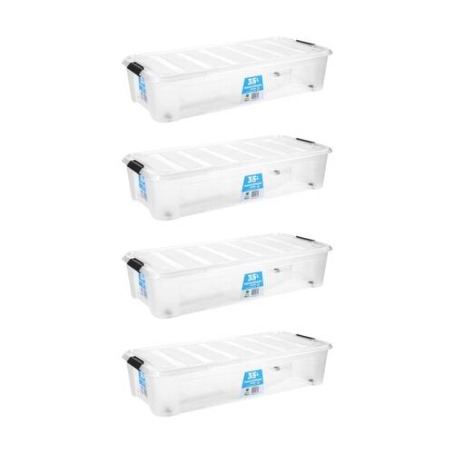 4PK Store More Plastic Storage U Bed Rolling Box W/ Lid Lock Clips 35L Clear