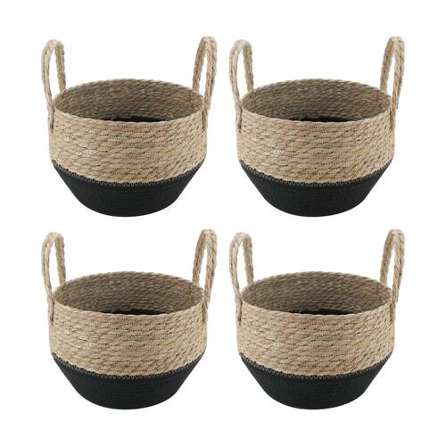 4PK Braz Natural 2 Tone Woven Storage Basket W/ Handles 27x19cm Black