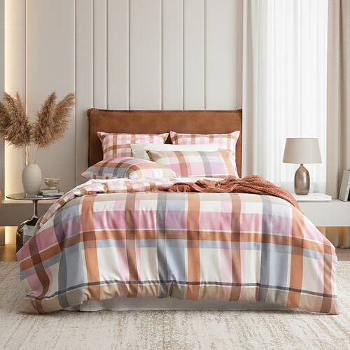 Renee Taylor Textured Cotton Slub Reversible Quilt Cover Set Pink Check Queen