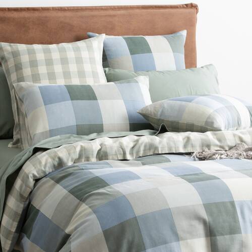 Renee Taylor Textured Cotton Slub Reversible Quilt Cover Set Green Check King