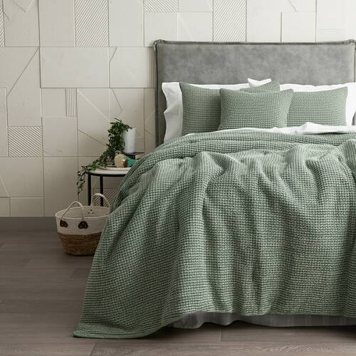 Cloud Linen Boronia Washed Cotton Waffle Comforter Set Moss Double/Queen