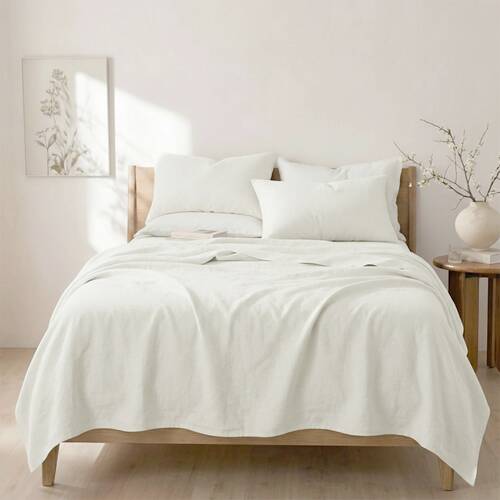 4pc Renee Taylor Washed Linen Cotton Bed Sheet & Pillow Case Set White