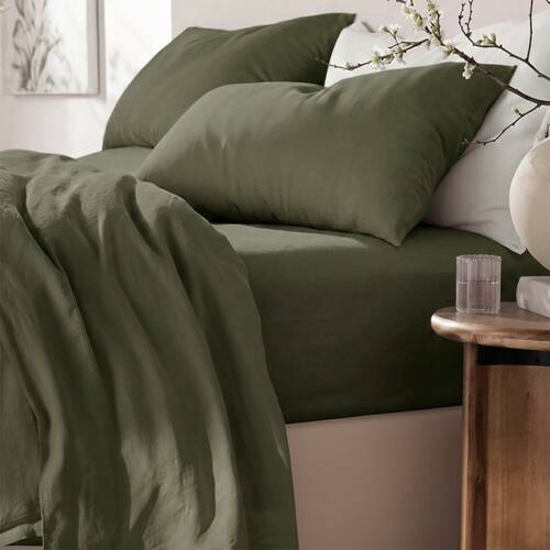 4pc Renee Taylor Washed Linen Cotton Bed Sheet & Pillow Case Set Leaf