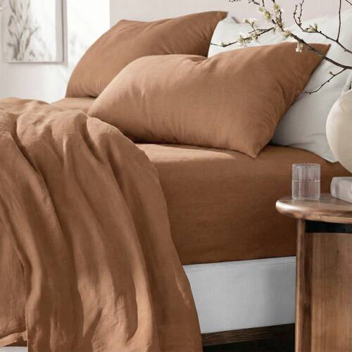 4pc Renee Taylor Washed Linen Cotton Bed Sheet Pillow Case Set Terracotta