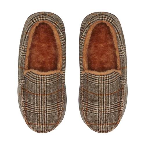 SnuggUps Mens Moccasin Plaid Slippers Brown W/ Non-Slip Hard Rubber Sole