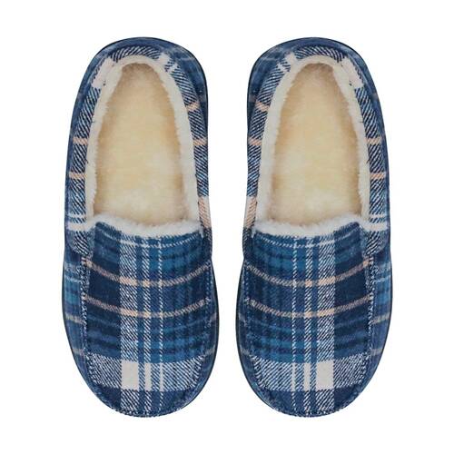 SnuggUps Mens Moccasin Plaid Slippers Navy W/ Non-Slip Hard Rubber Sole