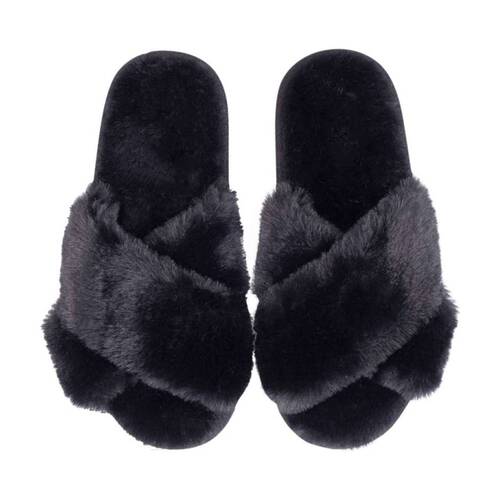 SnuggUps Women's Cross Open Toe Plush Fur?Slippers Black Medium EU38-39
