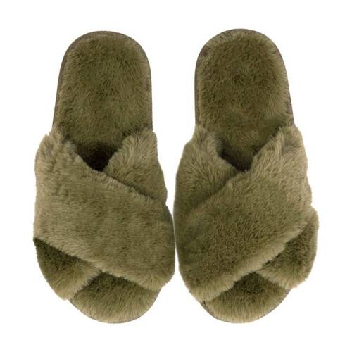 SnuggUps Women's Cross Open Toe Plush Fur Slipper Shoes Olive