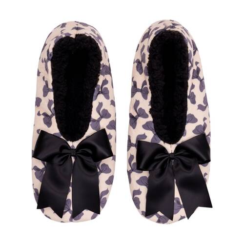 SnuggUps Women's Printed Bow Sherpa Lined Plush Slippers Black